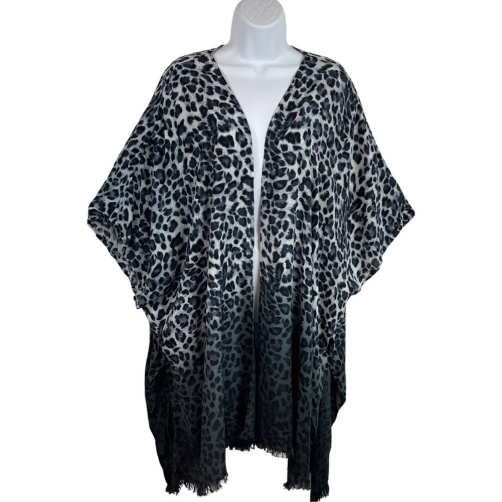 Umgee Ombre Leopard Print Fray Hem Open Front Kimono Duster S/M Boho